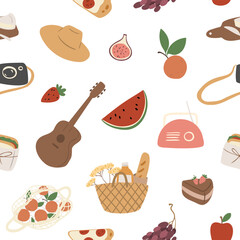 Summer picnic seamless pattern, People, couples, friends, families enjoying a picnic in park digital paper, houses and trees background, vector illustration clipart, Images in flat cartoon style