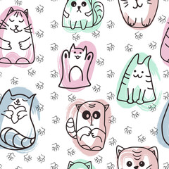 Kittens on a doodle style seamless pattern with colored spots
