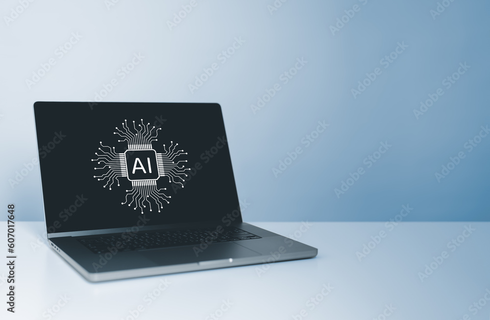 Poster computer laptop with ai or artificial intelligence icon on screen. using cloud technology smart robo