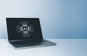 Computer laptop with AI or Artificial Intelligence icon on screen. Using cloud technology smart robot AI by enter command prompt for generates result, Futuristic transformation. New disruptive trends.