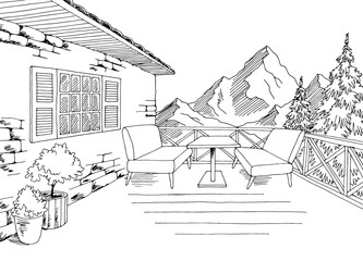 Cafe balcony in the mountains graphic black white sketch illustration vector