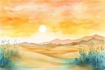 A peaceful watercolor landscape of sand dunes and a golden sunset in the desert, watercolor style, Islamic, Islamic background, Eid-al-Adha Generative AI