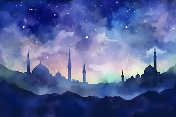 A mesmerizing watercolor night sky with stars over a mountain range, watercolor style, Islamic, Islamic background, Eid-al-Adha Generative AI