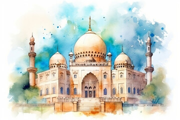 Fototapeta na wymiar An enchanting watercolor painting of an ancient mosque with intricate architectural details, watercolor style, Islamic, Islamic background, Eid-al-Adha Generative AI