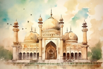 Fototapeta na wymiar An enchanting watercolor painting of an ancient mosque with intricate architectural details, watercolor style, Islamic, Islamic background, Eid-al-Adha Generative AI