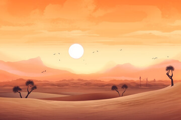A peaceful watercolor landscape of sand dunes and a golden sunset in the desert, watercolor style, Islamic, Islamic background, Eid-al-Adha Generative AI