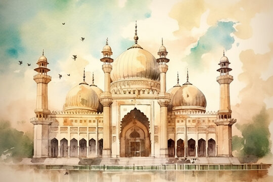 An enchanting watercolor painting of an ancient mosque with intricate architectural details, watercolor style, Islamic, Islamic background, Eid-al-Adha Generative AI