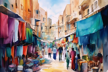 Obraz na płótnie Canvas A vibrant watercolor painting of a bustling bazaar with colorful textiles and spices, watercolor style, Islamic, Islamic background, Eid-al-Adha Generative AI