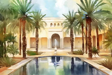 A serene watercolor painting of a tranquil courtyard with palm trees and a central water feature, watercolor style, Islamic, Islamic background, Eid-al-Adha Generative AI