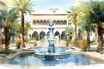 Obraz na płótnie Canvas A serene watercolor painting of a tranquil courtyard with palm trees and a central water feature, watercolor style, Islamic, Islamic background, Eid-al-Adha Generative AI