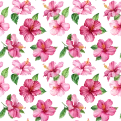 Tuinposter pink seamless pattern, exotic tropical plants, jungle wallpaper. Watercolor botanical pattern summer flower hibiscus © Hanna