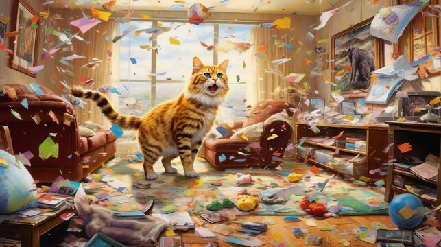 Illustration Of A Mischievous Cat Causing Chaos In The House While It's Owners Are At Work - Created With Generative AI Technology