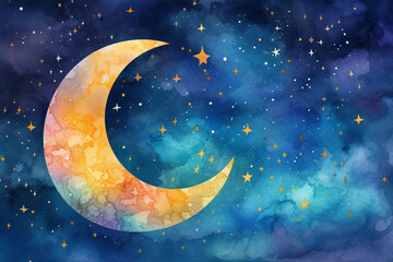Obraz na płótnie Canvas A whimsical watercolor artwork of a crescent moon and stars in a night sky, watercolor style, Islamic, Islamic background, Eid-al-Adha Generative AI