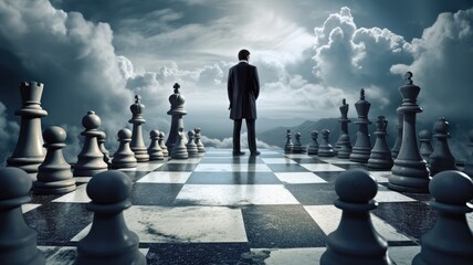 Businessman standing on chess board , Strategic thinking Considering , Generative AI