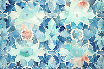 A delicate watercolor artwork of intricate Islamic pattern motifs, watercolor style, Islamic, Islamic background, Eid-al-Adha Generative AI