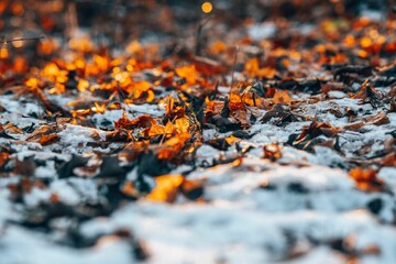 Leaves in snow in a park