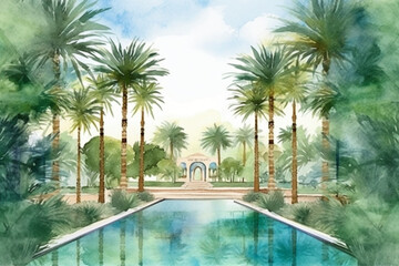 Fototapeta na wymiar A serene watercolor depiction of a palm tree oasis with a tranquil pool, watercolor style, Islamic, Islamic background, Eid-al-Adha Generative AI