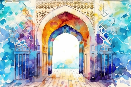 A vibrant watercolor artwork of a traditional Islamic archway with intricate tilework, watercolor style, Islamic, Islamic background, Eid-al-Adha Generative AI
