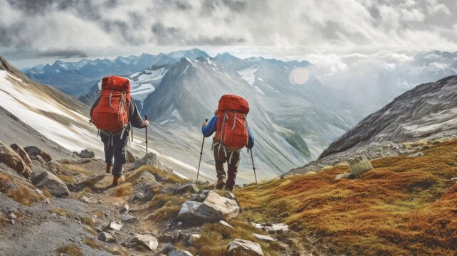 Adventurous trails: Pictures portray hikers or climbers on mountain trails, symbolizing the challenges and rewards of exploring mountainous regions
