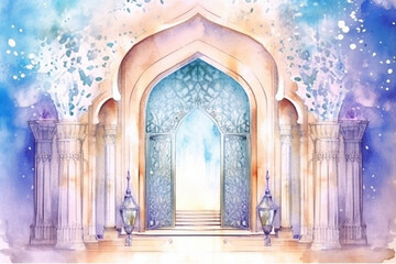 A captivating watercolor artwork of an ornate Islamic doorway with intricate carvings, watercolor style, Islamic, Islamic background, Eid-al-Adha Generative AI