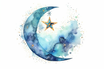 A delicate watercolor painting of a traditional Islamic crescent moon and star, watercolor style, Islamic, Islamic background, Eid-al-Adha Generative AI