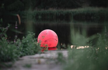 Large red ball floating on a river surrounded by grass