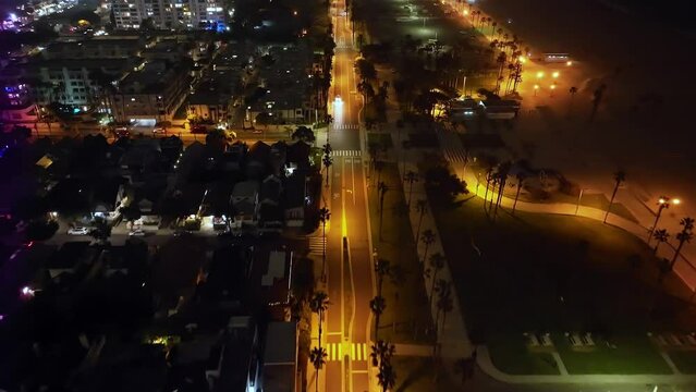 Over Palm Trees In City Of Santa Monica, Aerial Orbit At Night With City Glow