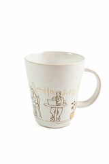 White cup with a drawing of a person using a laptop isolated on a white background