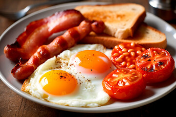 American or English breakfast bacon, eggs, sausages and toast - obrazy, fototapety, plakaty