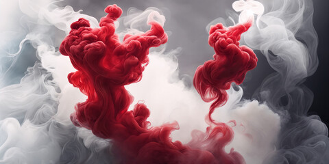 Red and white smoke. Volumetric fog and clouds background. Underwater liquid color explosion. Generative AI