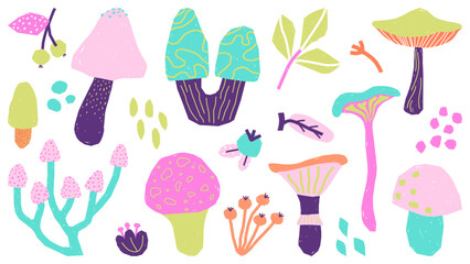 Set of abstract hand draw textures nature elements. Mushroom, berry, leaves and flower in trendy cutout style, psychedelic color. Cartoon print for card, fabric, decor, packaging, banner, post