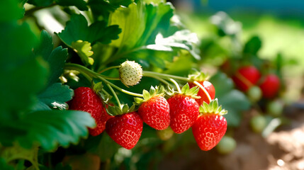 Red Strawberries growing on bushes on a farm. Generative AI