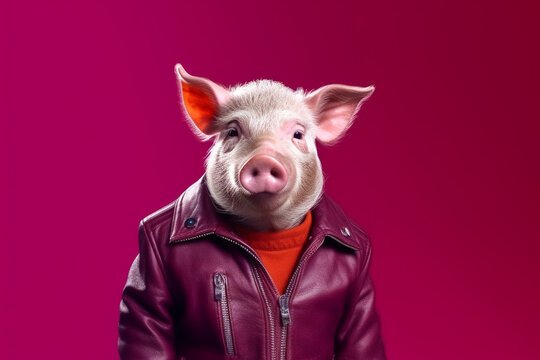 Male Pig In A Red Leather Jacket