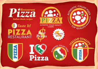 SET OF LABELS AND BADGES FOR ITALIAN PIZZA