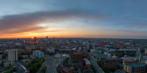 Fototapeta premium Leeds City Centre, West Yorkshire Drone Aerial at dawn