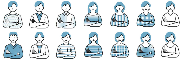 Illustration collection of icons of various people thinking with their arms crossed