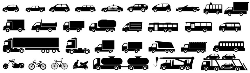 Vector set illustration of simple deformed various types of car icons pictograms 