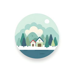 Naklejka premium Generative AI Winter house with landscape. Cute vector illustration in flat style