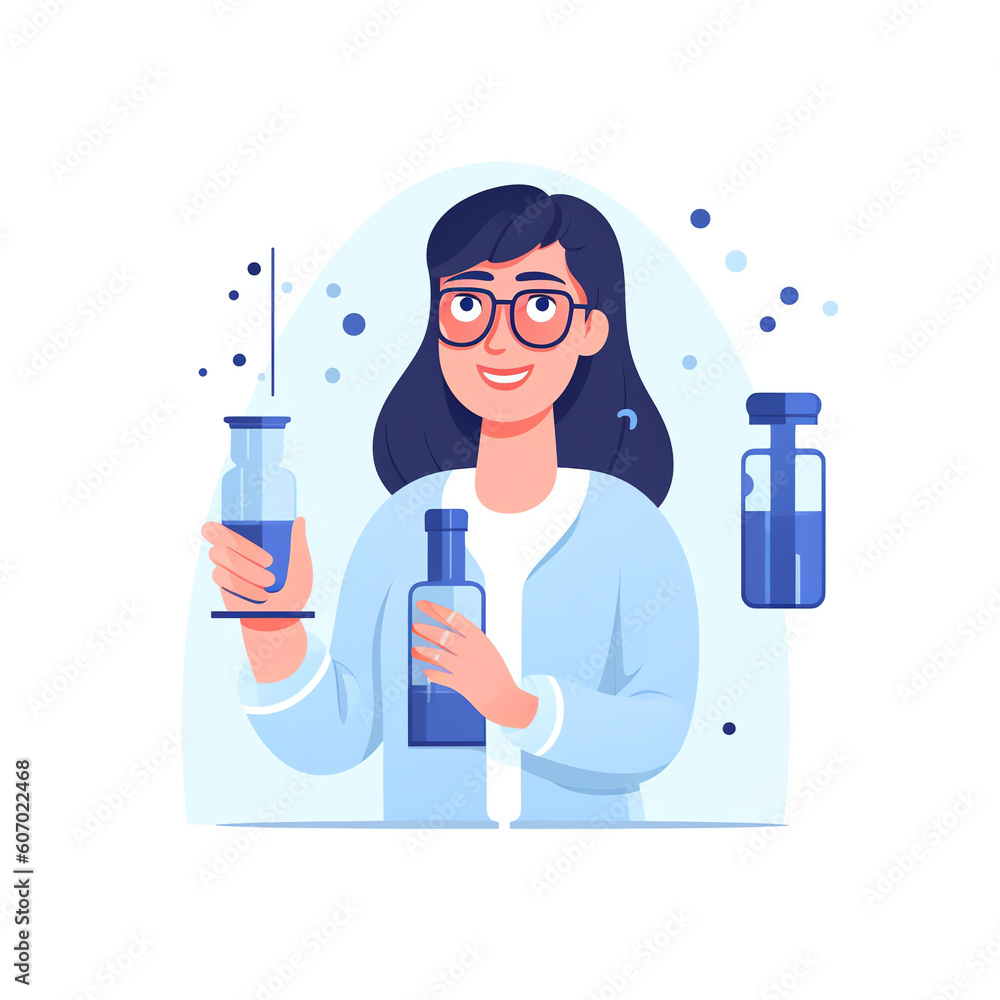 Poster generative ai scientist at work, female character conducting experiments in lab. vector illustration
