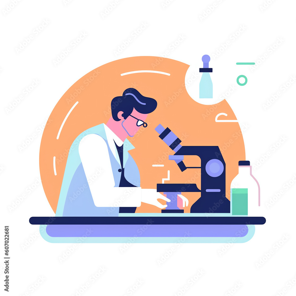 Aufkleber generative ai scientist at work, male character conducting experiments with microscope. vector illus