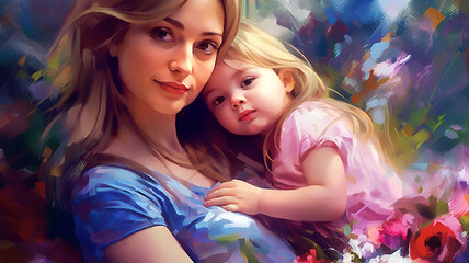 Obraz na płótnie Canvas Painted image of a young mother holding her daughter in her arms, parenthood, mother's day