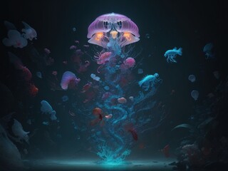 Fototapeta na wymiar A picture of jellyfish phoenix head, volume three created with generative ai ki