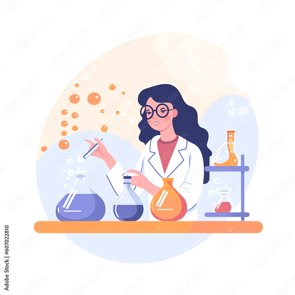 Poster generative ai scientist at work, female character conducting experiments in lab. vector illustration