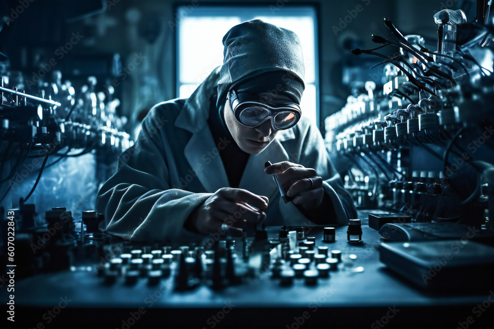 Aufkleber scientist in a lab. research and experimenting concept. created with generative ai technology.