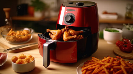 Red air fryer or oil free fryer appliance on the wooden table in the modern kitchen with fried chicken wings and fried chicken wings on plates, Generative AI