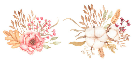 Fototapeta na wymiar Hello, Autumn illustration set. Set fall floral bouquets. Pink peony, cotton and dried leaves and flowers.
