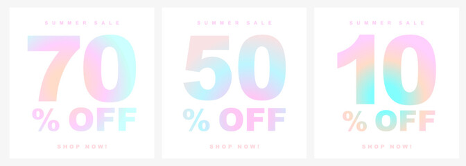 Summer Sale Prints. Colorful Retro 90' Style Design. 10%, 50% and 70% off. Discount Sign. RGB Pastel Colors. Modern Promo Graphics for Web, E-Commerce, Banner. Shop Now. Trendy Sale Vector Graphics.