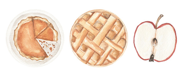 Hello, Autumn illustration set. Set of apple pie on the plate and slice of apple. Illustrations for card, books, scrapbook