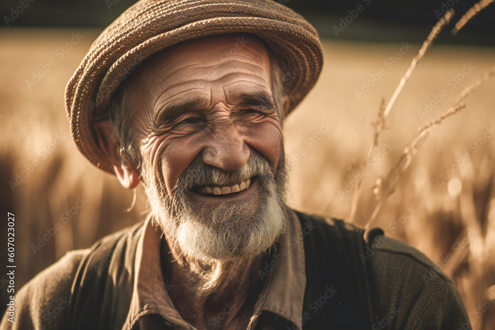 Poster portrait of an old peasant smiling. wheat field in background. created with generative ai technology