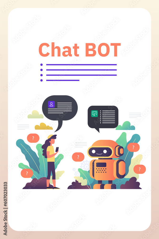Poster chatbot robot providing online assistance. chat gpt conversation with a person. use of ai in custome